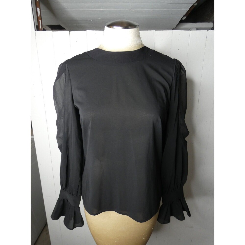 Stella & Jamie Women's S Black Bell Sleeve Top Silk Sheer Contrast Details